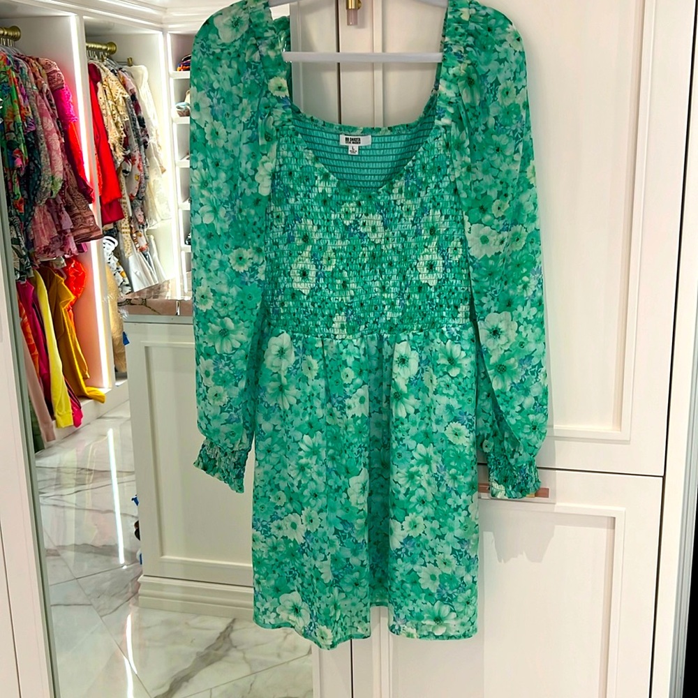 STEVE MADDEN BB DAKOTA Green Smocked Minidress long sleeve size L large